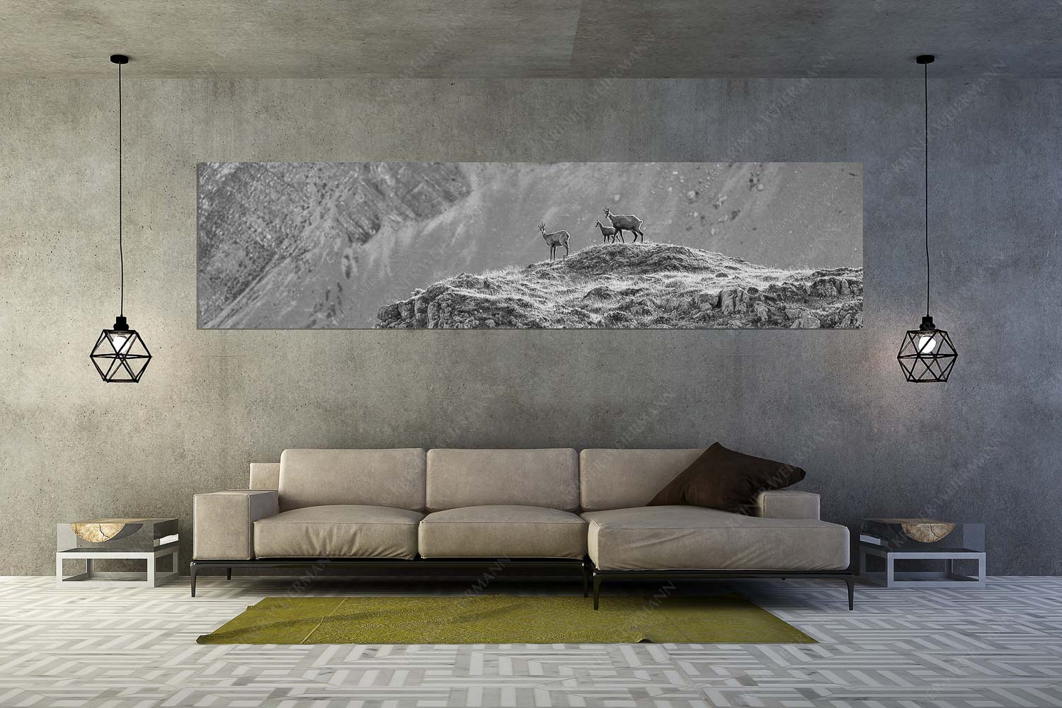 Gamslan – Größe ca. 320x80cm, Seitenverhältnis 4:1 — Gämsen im Karwendel Gämsen mit Kitz im Karwendelgebirge - Gamslan - Größe ca. 320x80cm, Seitenverhältnis 4:1 - Gämsen im Karwendel - weitere Infos unter https://www.kriner-weiermann.de