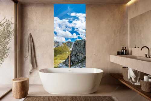 Bergsteiger mit Blick aufs Gatterl und kleinem Wanner im Wettersteingenbirge - Gatterlblick - Größe ca. 100x200cm, Seitenverhältnis 1:2 - Gatterl und Hochwanner im Wetterstein - weitere Infos unter https://www.kriner-weiermann.de