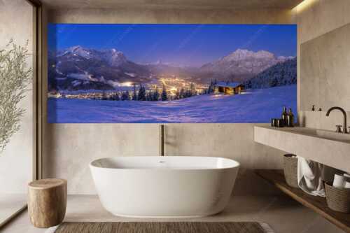 Blick über die Eckenhütte mit Garmisch-Partenkirchen und Zugspitzmassiv - Gegenpol - Größe ca. 300x100cm, Seitenverhältnis 3:1 - Advent an Eckenhütte mit Garmisch-Partenkirchen - weitere Infos unter https://www.kriner-weiermann.de