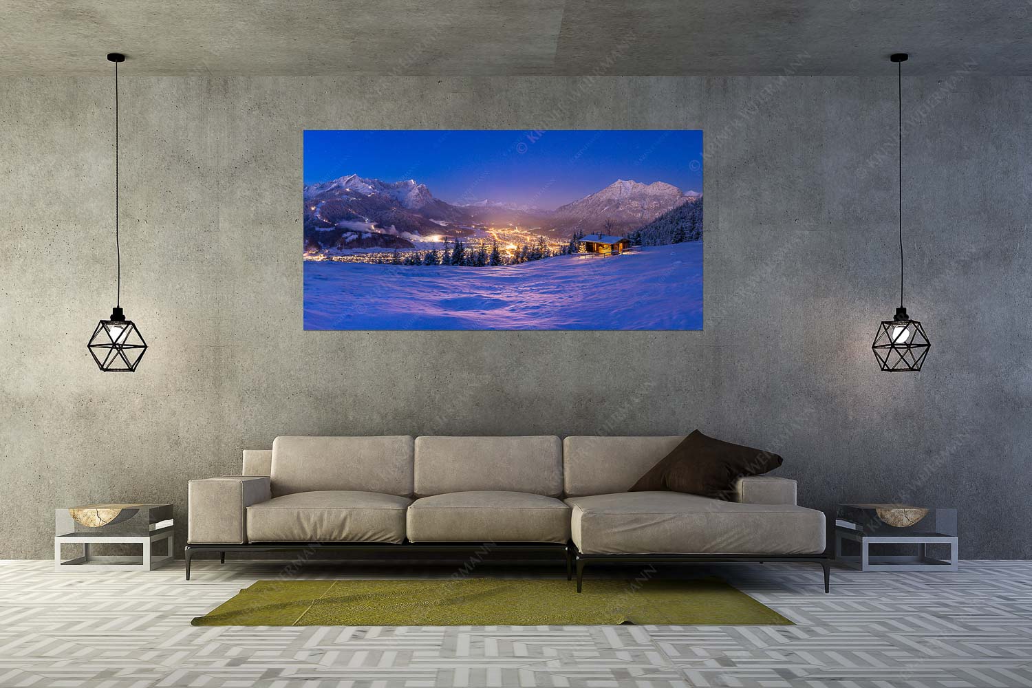 Gegenpol – Größe ca. 200x100cm, Seitenverhältnis 2:1 — Advent an Eckenhütte mit Garmisch-Partenkirchen Blick über die Eckenhütte mit Garmisch-Partenkirchen und Zugspitzmassiv - Gegenpol - Größe ca. 200x100cm, Seitenverhältnis 2:1 - Advent an Eckenhütte mit Garmisch-Partenkirchen - weitere Infos unter https://www.kriner-weiermann.de