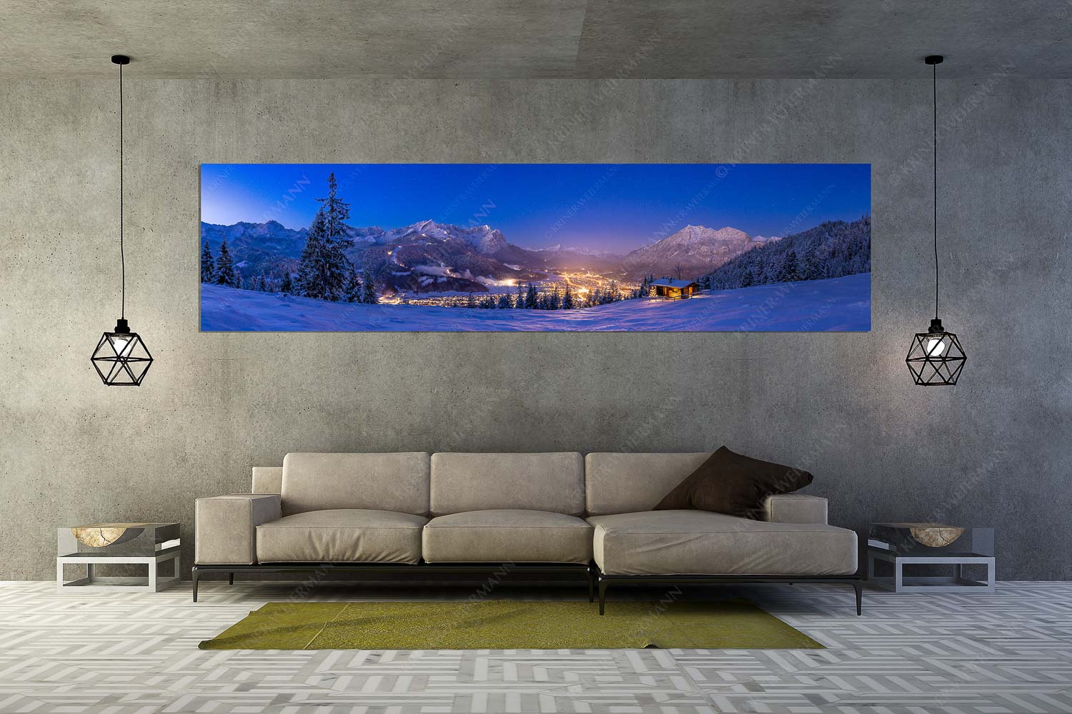 Gegenpol – Größe ca. 320x80cm, Seitenverhältnis 4:1 — Advent an Eckenhütte mit Garmisch-Partenkirchen Blick über die Eckenhütte mit Garmisch-Partenkirchen und Zugspitzmassiv - Gegenpol - Größe ca. 320x80cm, Seitenverhältnis 4:1 - Advent an Eckenhütte mit Garmisch-Partenkirchen - weitere Infos unter https://www.kriner-weiermann.de