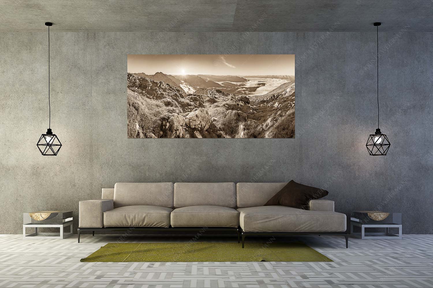 Gehrenspitzmorgen – Größe ca. 200x100cm, Seitenverhältnis 2:1 — Gehrenspitze mit Leutaschtal Blick von der Gehrenspitze im Wetterstein übers Leutaschtal in den Sonnenaufgang - Gehrenspitzmorgen - Größe ca. 200x100cm, Seitenverhältnis 2:1 - Gehrenspitze mit Leutaschtal - weitere Infos unter https://www.kriner-weiermann.de