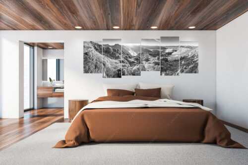 Blick von der Gehrenspitze im Wetterstein übers Leutaschtal in den Sonnenaufgang - Gehrenspitzmorgen - 6er Split, Größe ca. 280x112cm, Seitenverhältnis 2,5:1 - Gehrenspitze mit Leutaschtal - weitere Infos unter https://www.kriner-weiermann.de