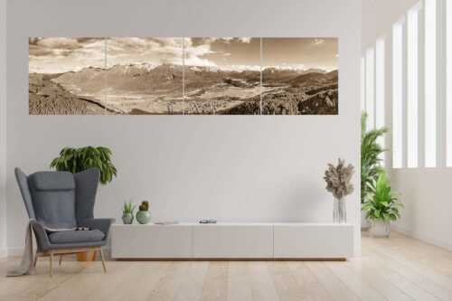 Blick über Oberes Isartal ins Karwendel- und Wettersteingebirge - Gelobtes Land - 4er Split, Größe ca. 280x70cm, Seitenverhältnis 4:1 - Wallgau und Krün im Oberen Isartal - weitere Infos unter https://www.kriner-weiermann.de