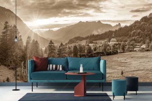 Blick über Kloster Ettal zum Kofel und ins Graswangtal - Gelöbnis - Größe ca. 400x200cm, Seitenverhältnis 2:1 - Kloster Ettal mit Sonnenuntergang im Graswangtal - weitere Infos unter https://www.kriner-weiermann.de