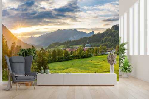 Blick über Kloster Ettal zum Kofel und ins Graswangtal - Gelöbnis - Größe ca. 300x200cm, Seitenverhältnis 3:2 - Kloster Ettal mit Sonnenuntergang im Graswangtal - weitere Infos unter https://www.kriner-weiermann.de