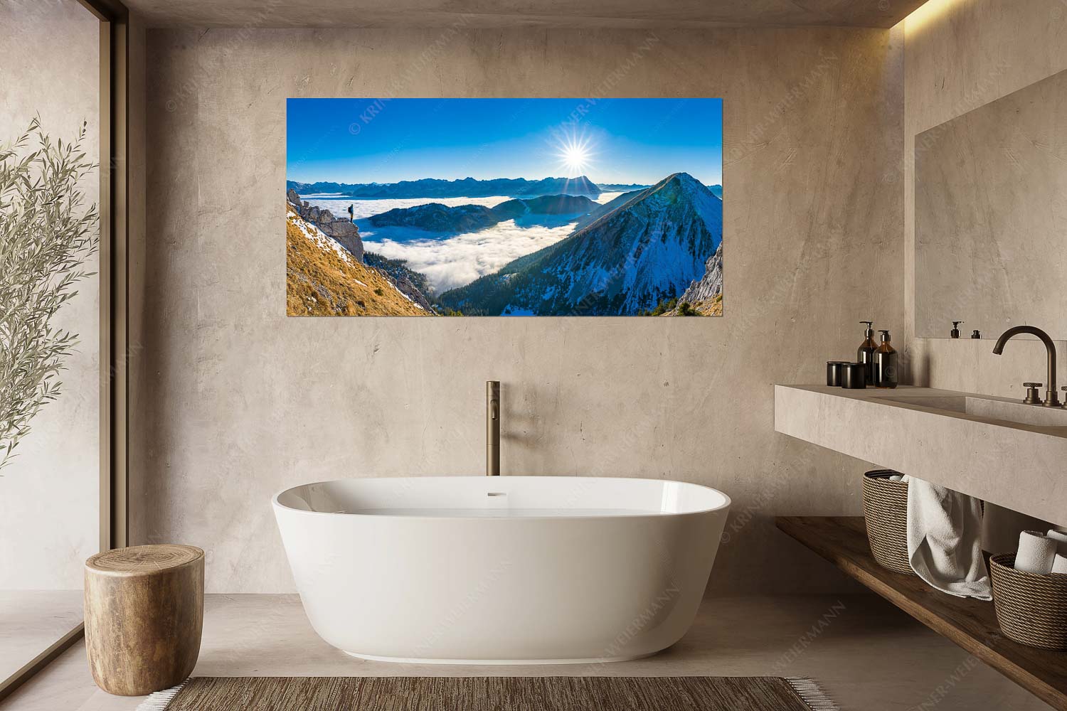 Genuss – Größe ca. 180x90cm, Seitenverhältnis 2:1 — Bergsteiger im Estergebirge über Nebelmeer Blick über Wank ins Wettersteingebirge - Genuss - Größe ca. 180x90cm, Seitenverhältnis 2:1 - Bergsteiger im Estergebirge über Nebelmeer - weitere Infos unter https://www.kriner-weiermann.de