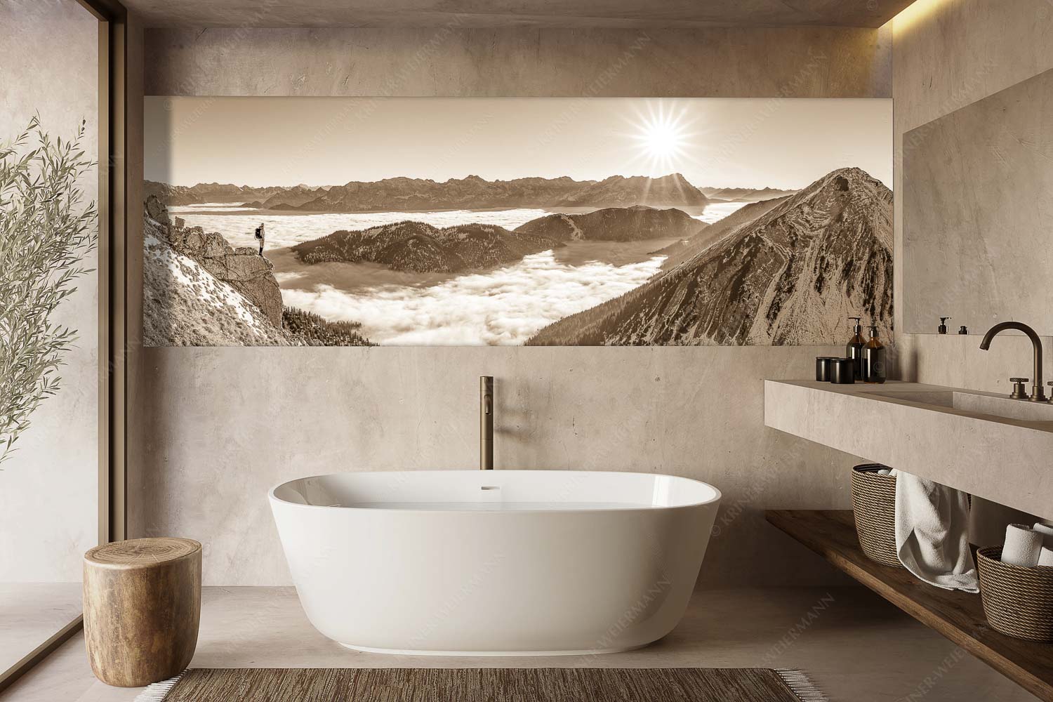 Genuss – Größe ca. 300x100cm, Seitenverhältnis 3:1 — Bergsteiger im Estergebirge über Nebelmeer Blick über Wank ins Wettersteingebirge - Genuss - Größe ca. 300x100cm, Seitenverhältnis 3:1 - Bergsteiger im Estergebirge über Nebelmeer - weitere Infos unter https://www.kriner-weiermann.de