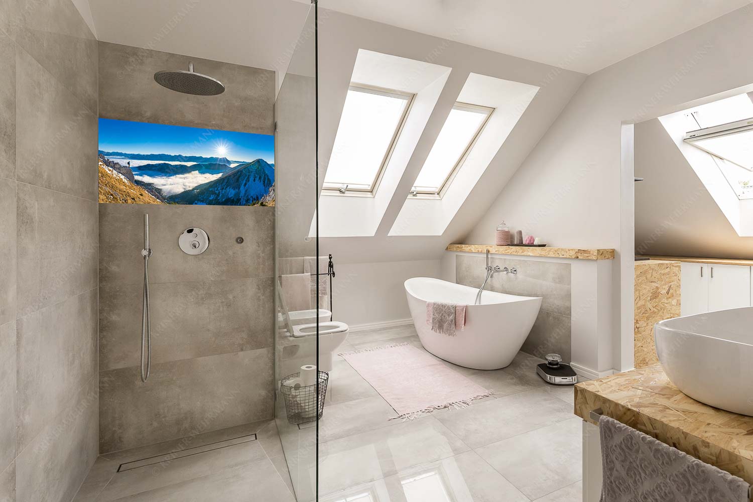 Genuss – Größe ca. 100x50cm, Seitenverhältnis 2:1 — Bergsteiger im Estergebirge über Nebelmeer Blick über Wank ins Wettersteingebirge - Genuss - Größe ca. 100x50cm, Seitenverhältnis 2:1 - Bergsteiger im Estergebirge über Nebelmeer - weitere Infos unter https://www.kriner-weiermann.de