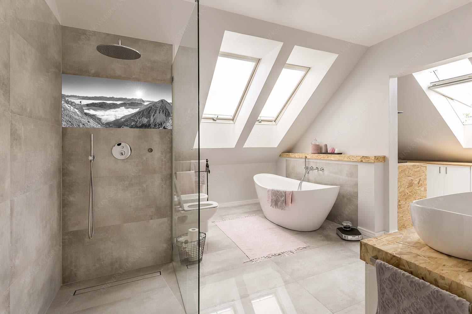 Genuss – Größe ca. 100x50cm, Seitenverhältnis 2:1 — Bergsteiger im Estergebirge über Nebelmeer Blick über Wank ins Wettersteingebirge - Genuss - Größe ca. 100x50cm, Seitenverhältnis 2:1 - Bergsteiger im Estergebirge über Nebelmeer - weitere Infos unter https://www.kriner-weiermann.de