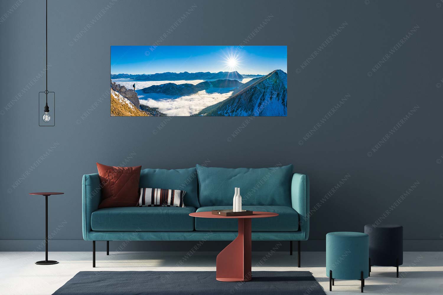 Genuss – Größe ca. 175x70cm, Seitenverhältnis 2,5:1 — Bergsteiger im Estergebirge über Nebelmeer Blick über Wank ins Wettersteingebirge - Genuss - Größe ca. 175x70cm, Seitenverhältnis 2,5:1 - Bergsteiger im Estergebirge über Nebelmeer - weitere Infos unter https://www.kriner-weiermann.de