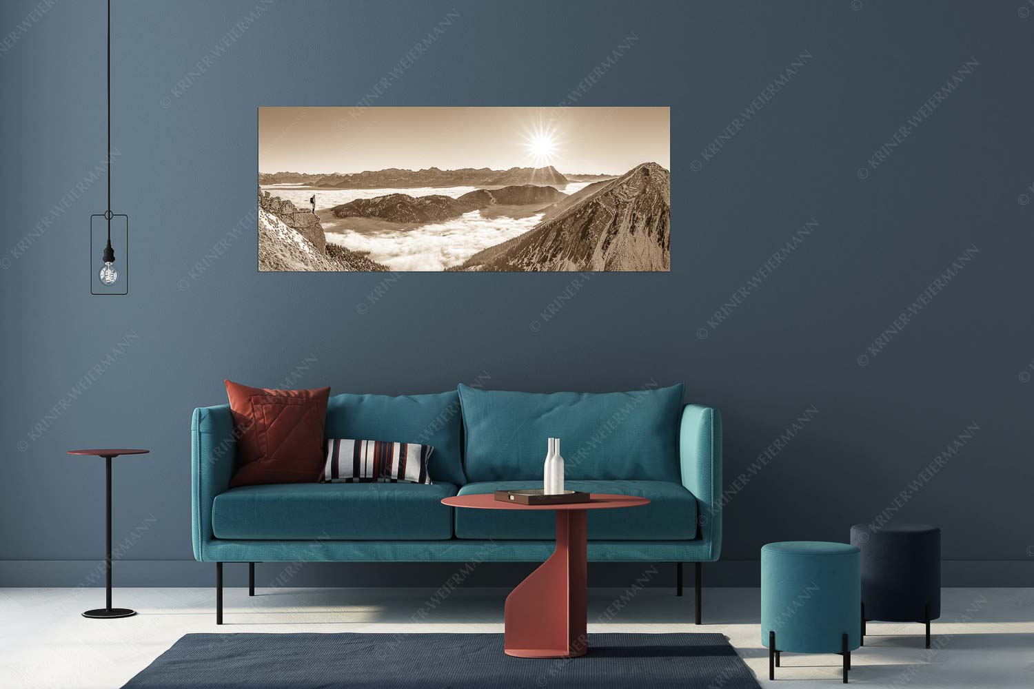 Genuss – Größe ca. 175x70cm, Seitenverhältnis 2,5:1 — Bergsteiger im Estergebirge über Nebelmeer Blick über Wank ins Wettersteingebirge - Genuss - Größe ca. 175x70cm, Seitenverhältnis 2,5:1 - Bergsteiger im Estergebirge über Nebelmeer - weitere Infos unter https://www.kriner-weiermann.de