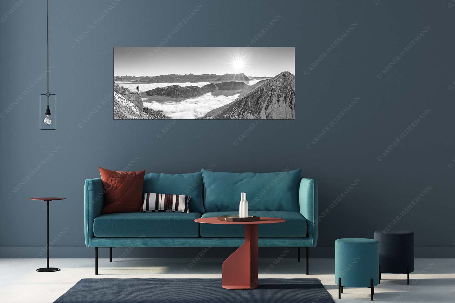 Genuss – Größe ca. 175x70cm, Seitenverhältnis 2,5:1 — Bergsteiger im Estergebirge über Nebelmeer Blick über Wank ins Wettersteingebirge - Genuss - Größe ca. 175x70cm, Seitenverhältnis 2,5:1 - Bergsteiger im Estergebirge über Nebelmeer - weitere Infos unter https://www.kriner-weiermann.de