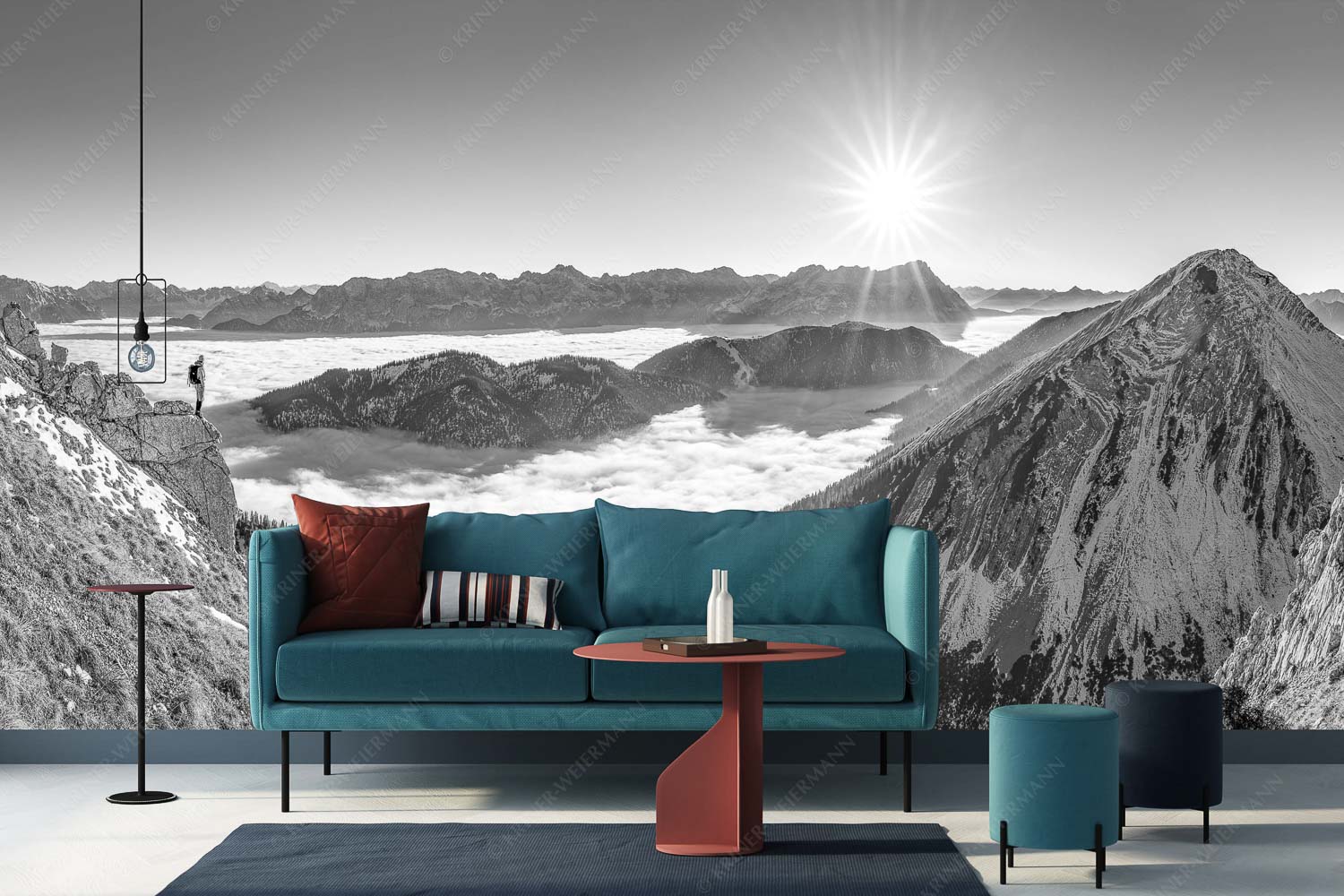 Genuss – Größe ca. 400x200cm, Seitenverhältnis 2:1 — Bergsteiger im Estergebirge über Nebelmeer Blick über Wank ins Wettersteingebirge - Genuss - Größe ca. 400x200cm, Seitenverhältnis 2:1 - Bergsteiger im Estergebirge über Nebelmeer - weitere Infos unter https://www.kriner-weiermann.de