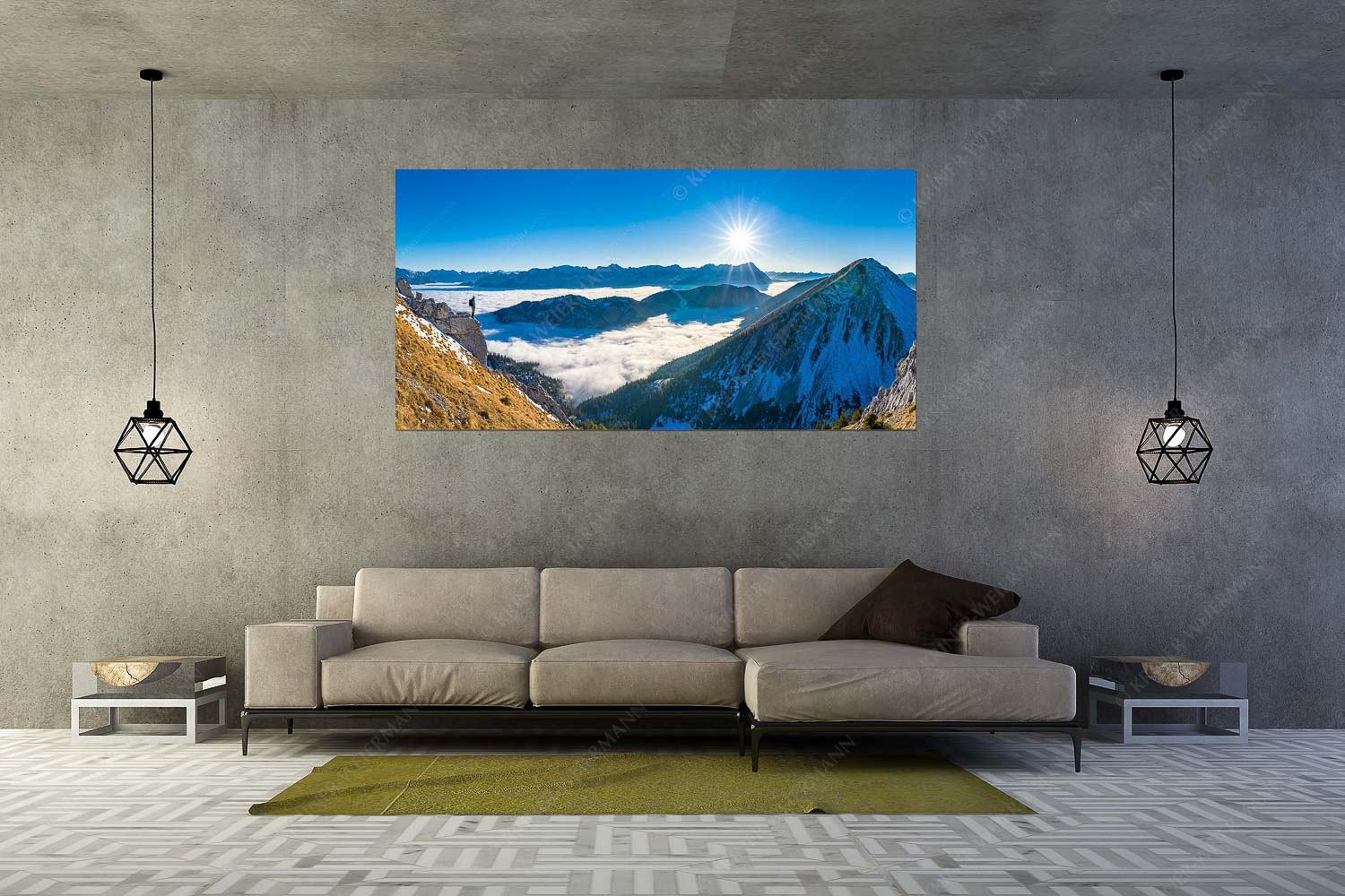 Genuss – Größe ca. 200x100cm, Seitenverhältnis 2:1 — Bergsteiger im Estergebirge über Nebelmeer Blick über Wank ins Wettersteingebirge - Genuss - Größe ca. 200x100cm, Seitenverhältnis 2:1 - Bergsteiger im Estergebirge über Nebelmeer - weitere Infos unter https://www.kriner-weiermann.de