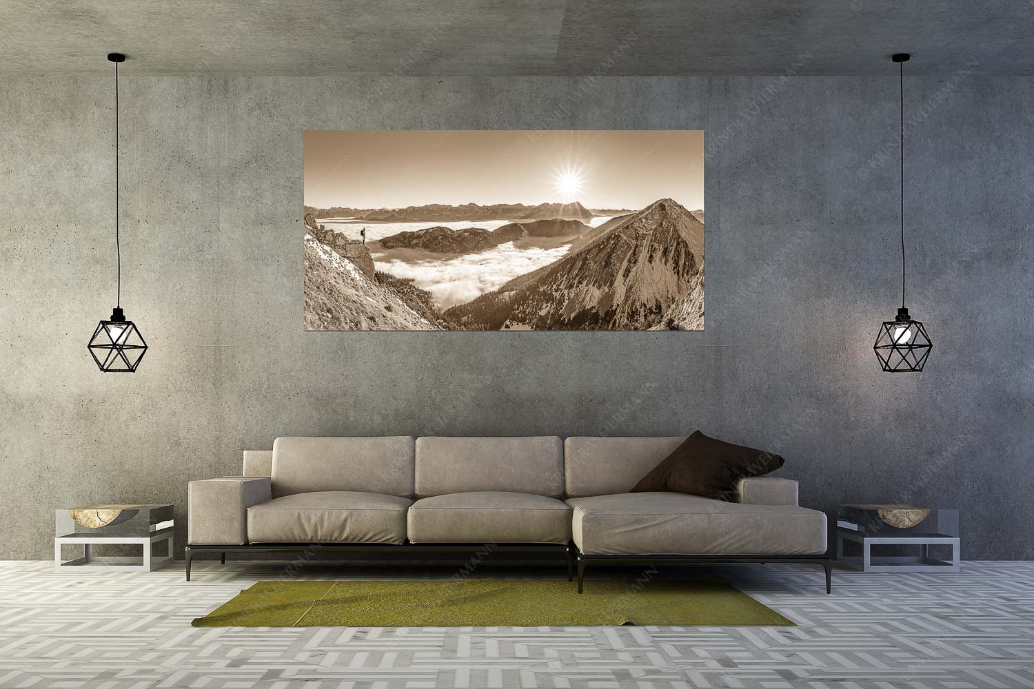 Genuss – Größe ca. 200x100cm, Seitenverhältnis 2:1 — Bergsteiger im Estergebirge über Nebelmeer Blick über Wank ins Wettersteingebirge - Genuss - Größe ca. 200x100cm, Seitenverhältnis 2:1 - Bergsteiger im Estergebirge über Nebelmeer - weitere Infos unter https://www.kriner-weiermann.de