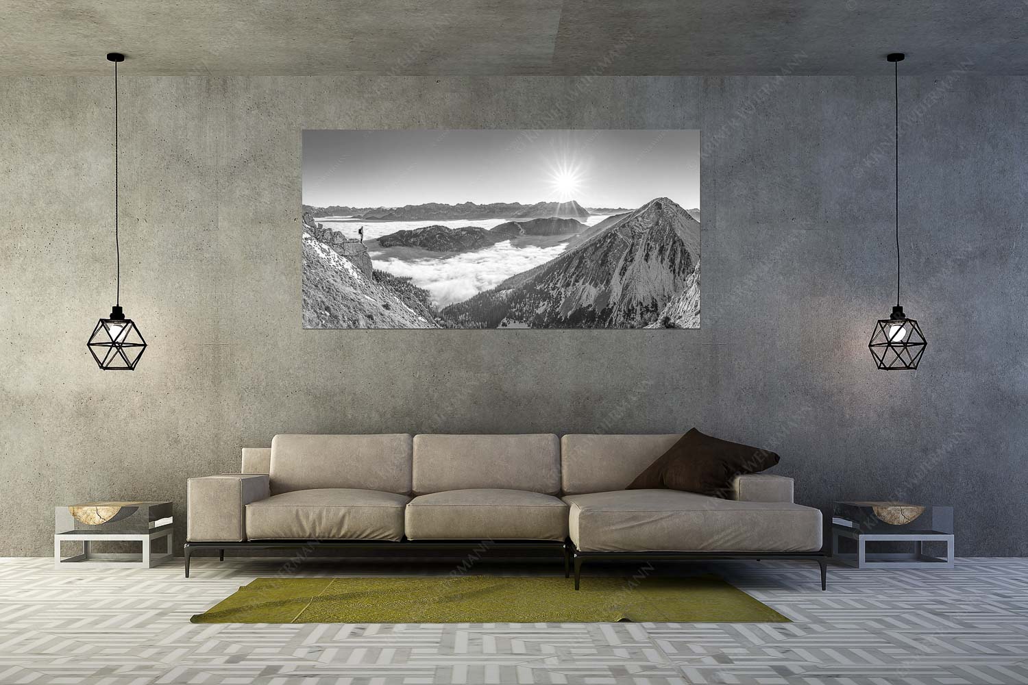 Genuss – Größe ca. 200x100cm, Seitenverhältnis 2:1 — Bergsteiger im Estergebirge über Nebelmeer Blick über Wank ins Wettersteingebirge - Genuss - Größe ca. 200x100cm, Seitenverhältnis 2:1 - Bergsteiger im Estergebirge über Nebelmeer - weitere Infos unter https://www.kriner-weiermann.de