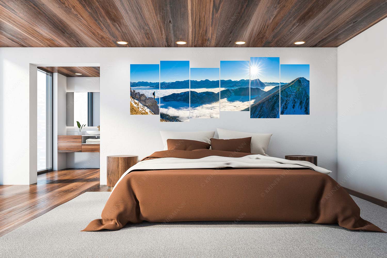 Blick über Wank ins Wettersteingebirge - Genuss - 6er Split, Größe ca. 280x112cm, Seitenverhältnis 2,5:1 - Bergsteiger im Estergebirge über Nebelmeer - weitere Infos unter https://www.kriner-weiermann.de