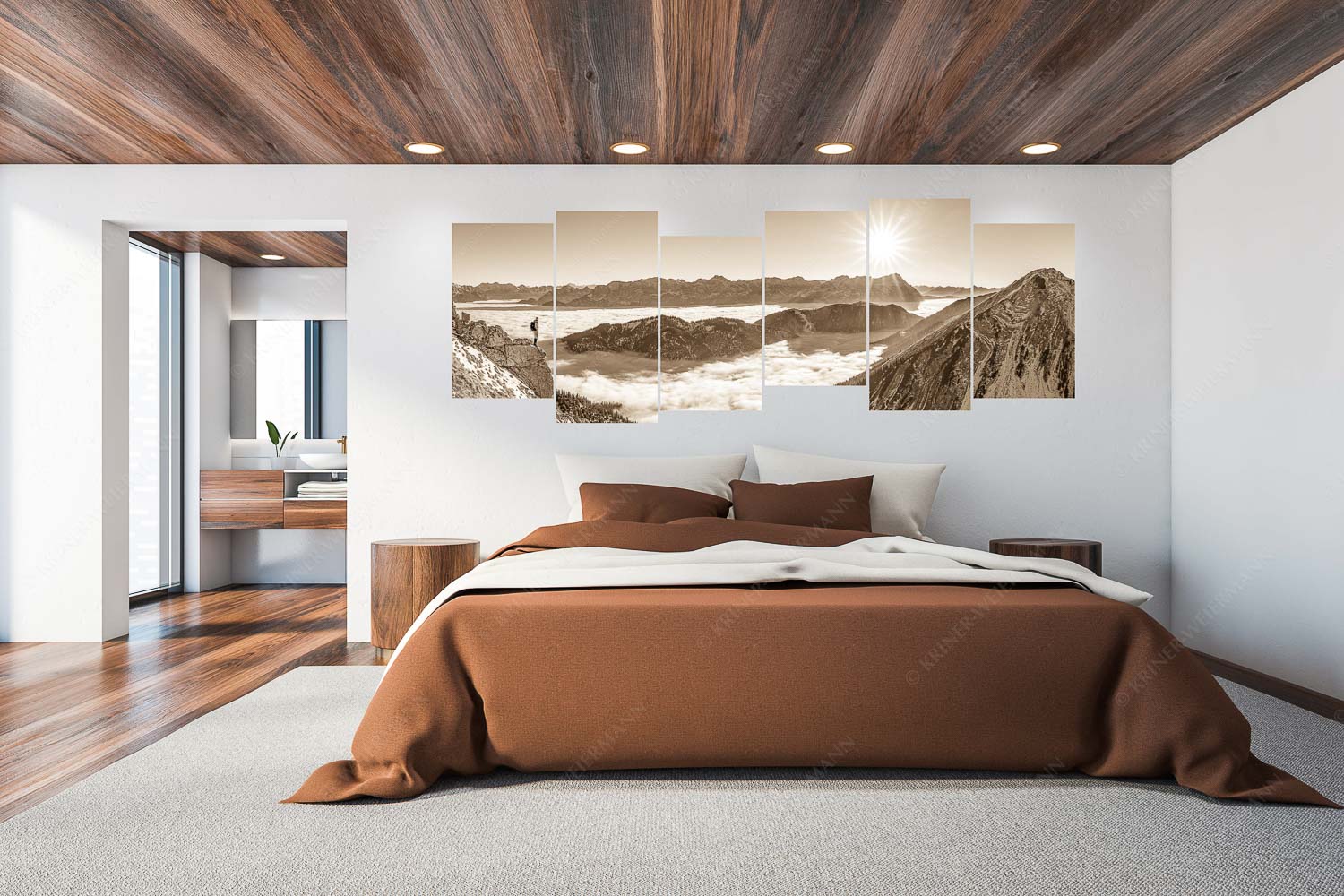 Genuss – 6er Split, Größe ca. 280x112cm, Seitenverhältnis 2,5:1 — Bergsteiger im Estergebirge über Nebelmeer Blick über Wank ins Wettersteingebirge - Genuss - 6er Split, Größe ca. 280x112cm, Seitenverhältnis 2,5:1 - Bergsteiger im Estergebirge über Nebelmeer - weitere Infos unter https://www.kriner-weiermann.de