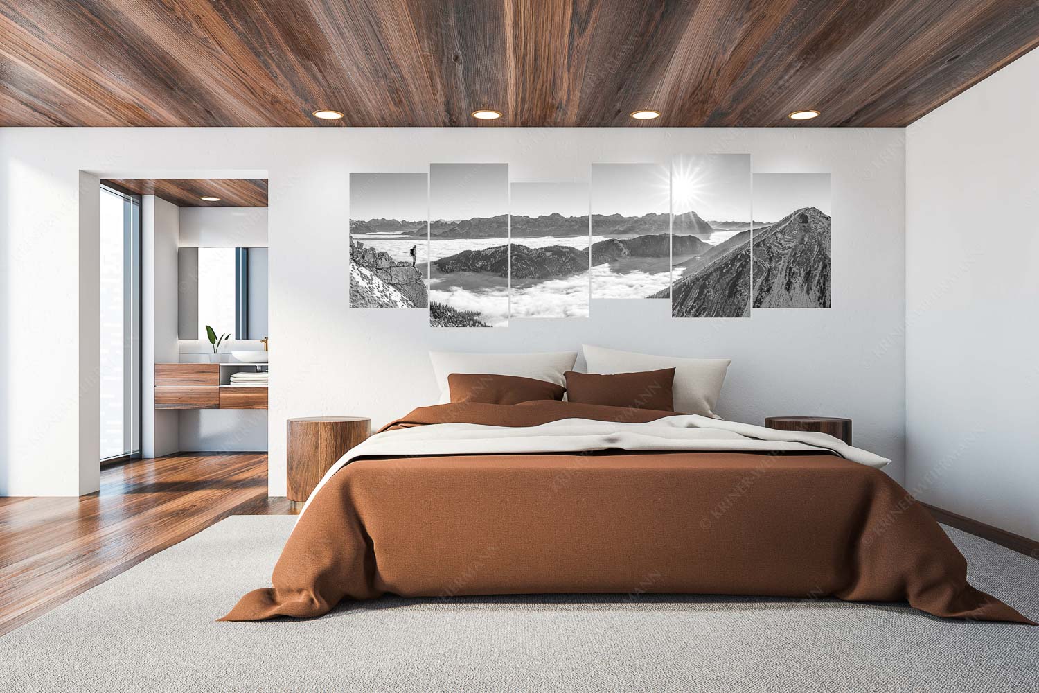 Genuss – 6er Split, Größe ca. 280x112cm, Seitenverhältnis 2,5:1 — Bergsteiger im Estergebirge über Nebelmeer Blick über Wank ins Wettersteingebirge - Genuss - 6er Split, Größe ca. 280x112cm, Seitenverhältnis 2,5:1 - Bergsteiger im Estergebirge über Nebelmeer - weitere Infos unter https://www.kriner-weiermann.de