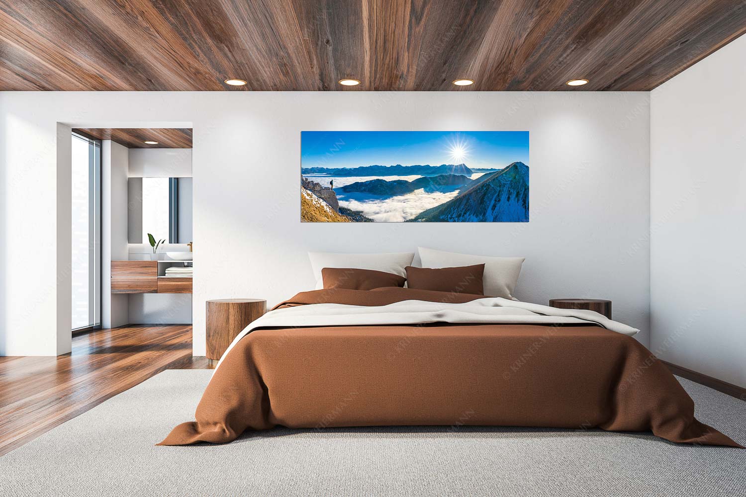 Genuss – Größe ca. 200x80cm, Seitenverhältnis 2,5:1 — Bergsteiger im Estergebirge über Nebelmeer Blick über Wank ins Wettersteingebirge - Genuss - Größe ca. 200x80cm, Seitenverhältnis 2,5:1 - Bergsteiger im Estergebirge über Nebelmeer - weitere Infos unter https://www.kriner-weiermann.de