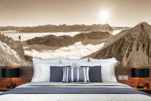 Blick über Wank ins Wettersteingebirge - Genuss - Größe ca. 350x140cm, Seitenverhältnis 2,5:1 - Bergsteiger im Estergebirge über Nebelmeer - weitere Infos unter https://www.kriner-weiermann.de