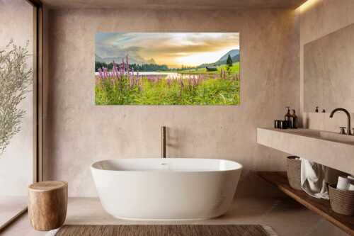 Wetterbesserung nach einem Gewitterregen am Geroldsee - Gewöhnlicher Blutweiderich - Wandbild - Größe ca. 180x90cm, Seitenverhältnis 2:1 - Geroldsee mit Zugspitze - weitere Infos unter https://www.kriner-weiermann.de