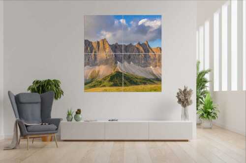 Sonnenaufgang mit Lalidererkette im Karwendel - Goldene Kette - 4er Split, Größe ca. 180x180cm, Seitenverhältnis 1:1 - Karwendel Hauptkamm mit Laliderer - weitere Infos unter https://www.kriner-weiermann.de