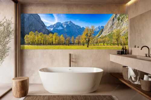 Blick über Großen Ahornboden zur Spritzkarspitze im Karwendelgebirge - Goldgrube - Größe ca. 300x100cm, Seitenverhältnis 3:1 - Herbstfärbung am Ahornboden - weitere Infos unter https://www.kriner-weiermann.de