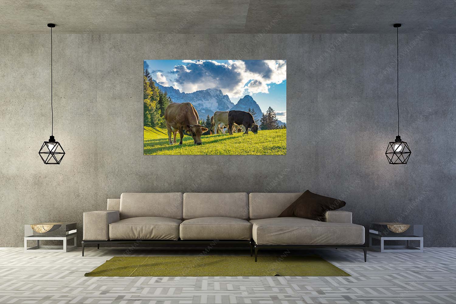 Grasen – Größe ca. 180x120cm, Seitenverhältnis 3:2 — Kühe mit Wettersteingebirge Rindvieh am Gschwandnerbauer vor dem Zugspitzmassiv - Grasen - Größe ca. 180x120cm, Seitenverhältnis 3:2 - Kühe mit Wettersteingebirge - weitere Infos unter https://www.kriner-weiermann.de