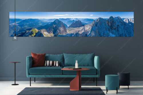 Dreitorspitzen mit Meilerhütte, Öfeleköpfe und Wettersteingrat im Wettersteingebirge - Grate - Größe ca. 350x70cm, Seitenverhältnis 5:1 - Dreitorspitze Meilerhütte und Wettersteingrat - weitere Infos unter https://www.kriner-weiermann.de