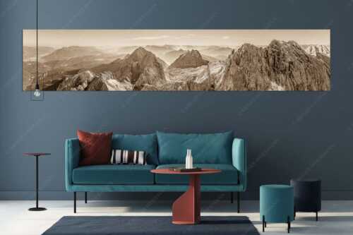 Dreitorspitzen mit Meilerhütte, Öfeleköpfe und Wettersteingrat im Wettersteingebirge - Grate - Größe ca. 350x70cm, Seitenverhältnis 5:1 - Dreitorspitze Meilerhütte und Wettersteingrat - weitere Infos unter https://www.kriner-weiermann.de