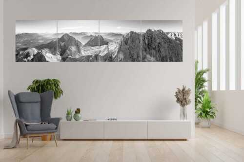 Dreitorspitzen mit Meilerhütte, Öfeleköpfe und Wettersteingrat im Wettersteingebirge - Grate - 4er Split, Größe ca. 280x70cm, Seitenverhältnis 4:1 - Dreitorspitze Meilerhütte und Wettersteingrat - weitere Infos unter https://www.kriner-weiermann.de