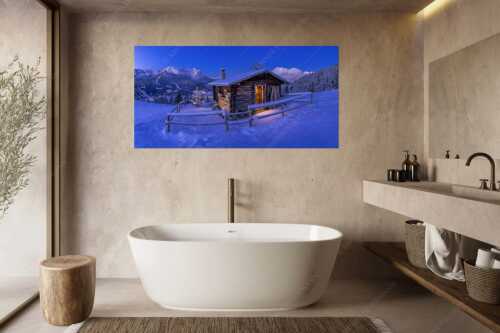 Eckenhütte mit Garmisch-Partenkirchen und Zugspitzmassiv - Griabig - Größe ca. 180x90cm, Seitenverhältnis 2:1 - Advent an der Eckenhütte mit Zugspitze - weitere Infos unter https://www.kriner-weiermann.de
