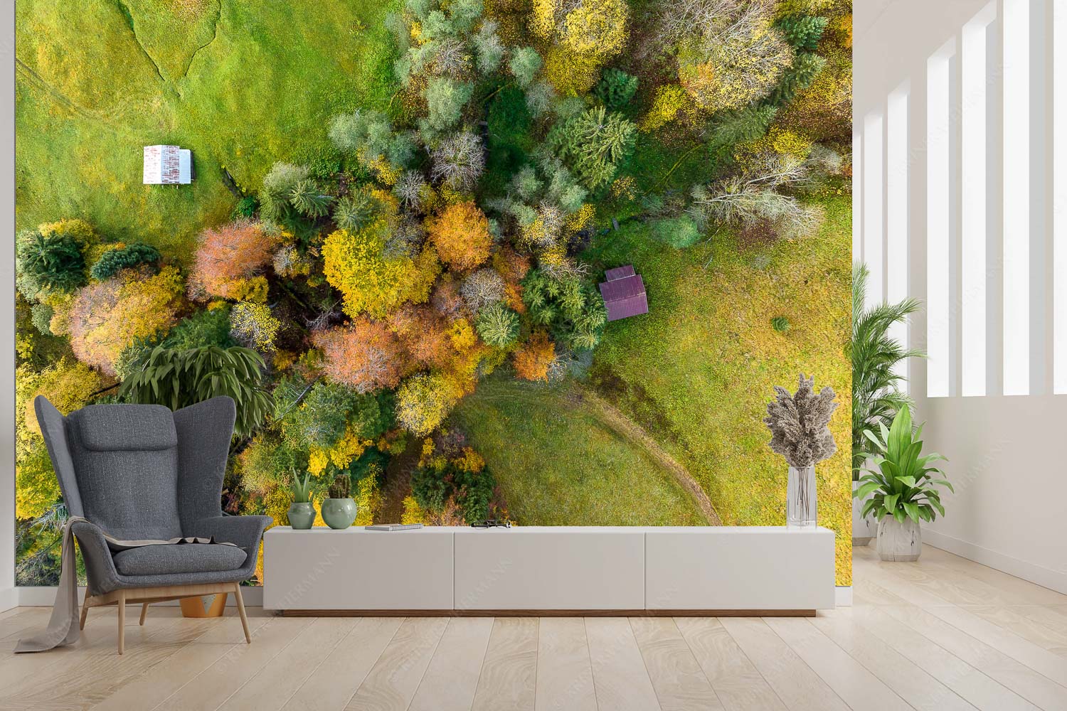 Gsunds Verhältnis – Größe ca. 300x200cm, Seitenverhältnis 3: — Herbst-Wald von Oben Bergmischwald mit Wiesmahd im Werdenfelser Land - Gsunds Verhältnis - Größe ca. 300x200cm, Seitenverhältnis 3: - Herbst-Wald von Oben - weitere Infos unter https://www.kriner-weiermann.de