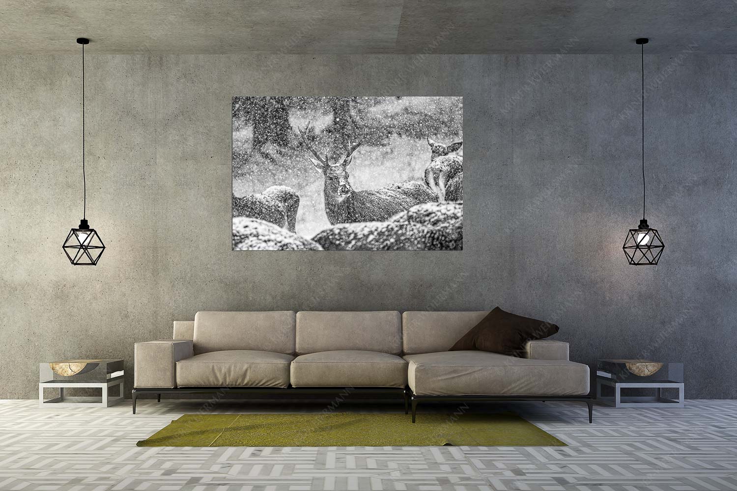 Halbstark – Größe ca. 180x120cm, Seitenverhältnis 3:2 — Junger Hirsch Rothirsch im Schneegestöber in einer Wildfütterung bei Garmisch-Partenkirchen - Halbstark - Größe ca. 180x120cm, Seitenverhältnis 3:2 - Junger Hirsch - weitere Infos unter https://www.kriner-weiermann.de