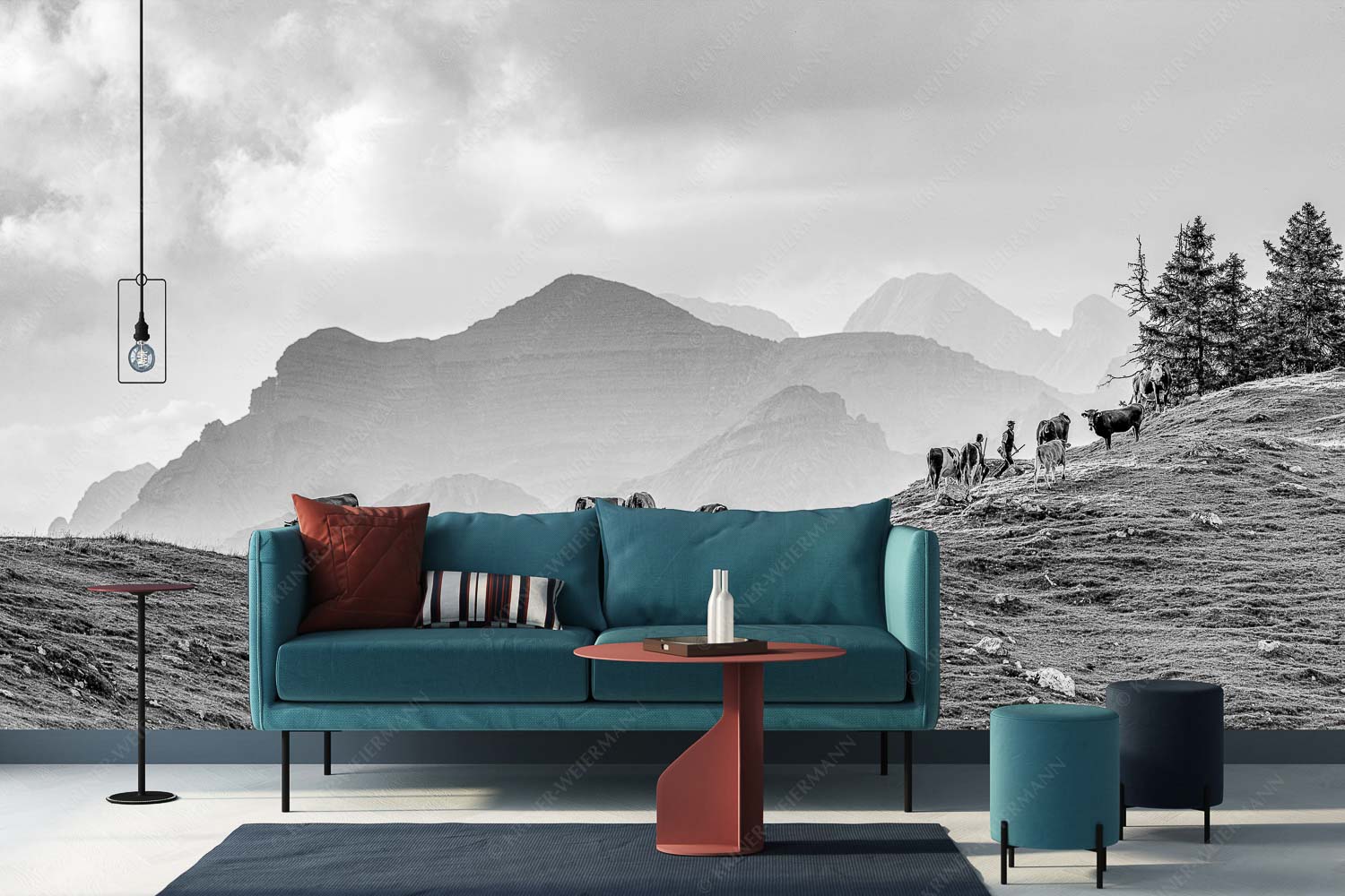 Heile Welt – Größe ca. 400x200cm, Seitenverhältnis 2:1 — Almwirtschaft im Estergebirge Weidevieh im Spätsommer auf der Kuhalm mit Blick auf Soiern- und Karwendelgebirge - Heile Welt - Größe ca. 400x200cm, Seitenverhältnis 2:1 - Almwirtschaft im Estergebirge - weitere Infos unter https://www.kriner-weiermann.de