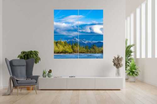 Blick über die Isar zu den Arnspitzen - Heimliches Wahrzeichen - 4er Split, Größe ca. 180x180cm, Seitenverhältnis 1:1 - Isar mit den drei Arnspitzen - weitere Infos unter https://www.kriner-weiermann.de