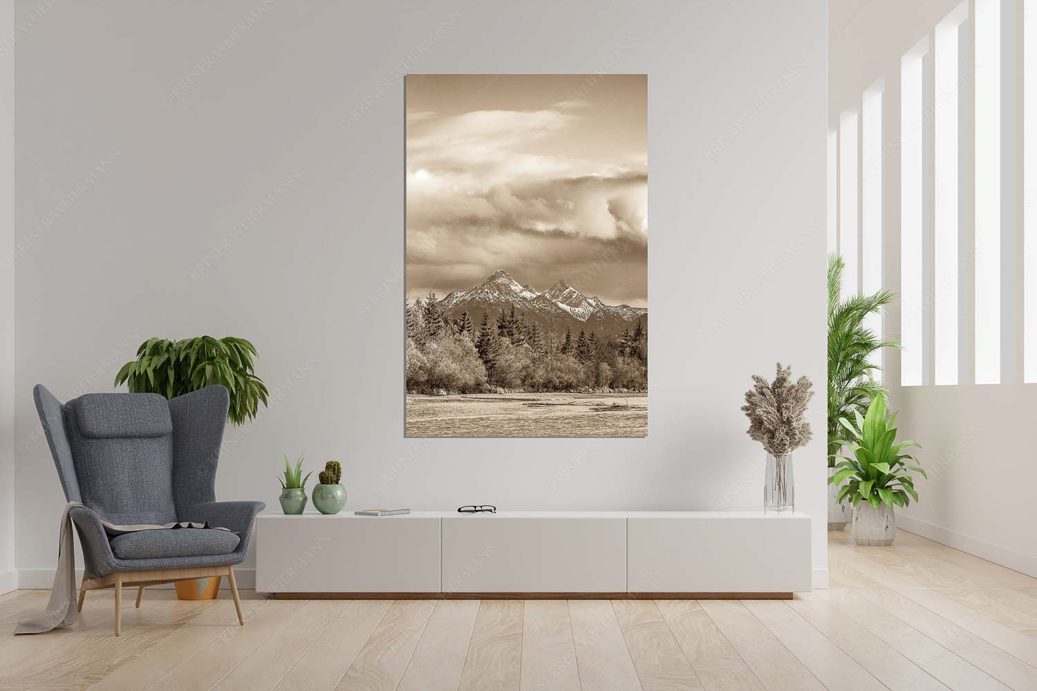 Heimliches Wahrzeichen – Größe ca. 120x180cm, Seitenverhältnis 2:3 — Isar mit den drei Arnspitzen Blick über die Isar zu den Arnspitzen - Heimliches Wahrzeichen - Größe ca. 120x180cm, Seitenverhältnis 2:3 - Isar mit den drei Arnspitzen - weitere Infos unter https://www.kriner-weiermann.de