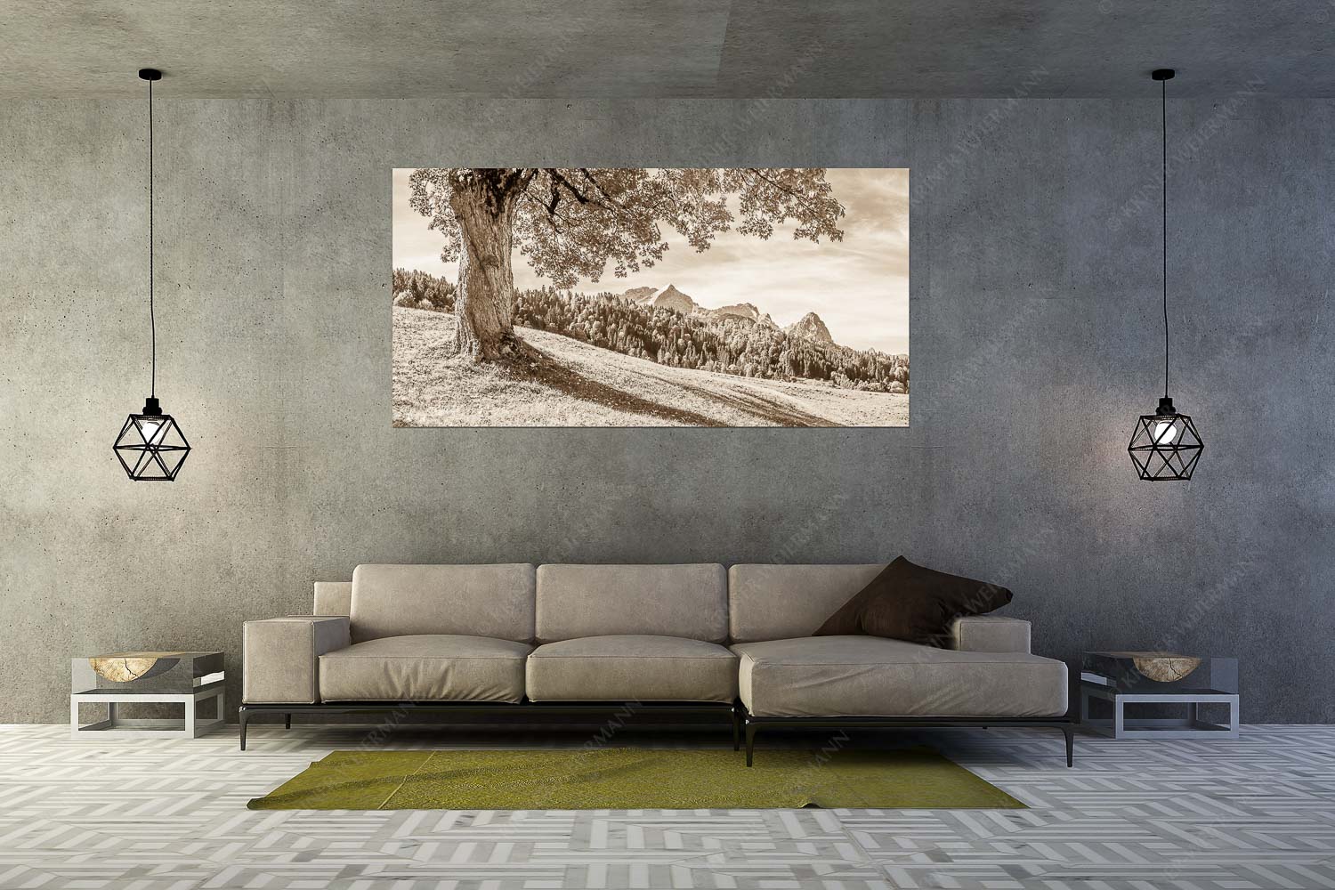 Ahorn mit Blick auf Alpspitz, Zugspitz und Waxenstein - Herbstliches Zugspitzmassiv - Größe ca. 200x100cm, Seitenverhältnis 2:1 - Ahornbaum am Wamberg - weitere Infos unter https://www.kriner-weiermann.de