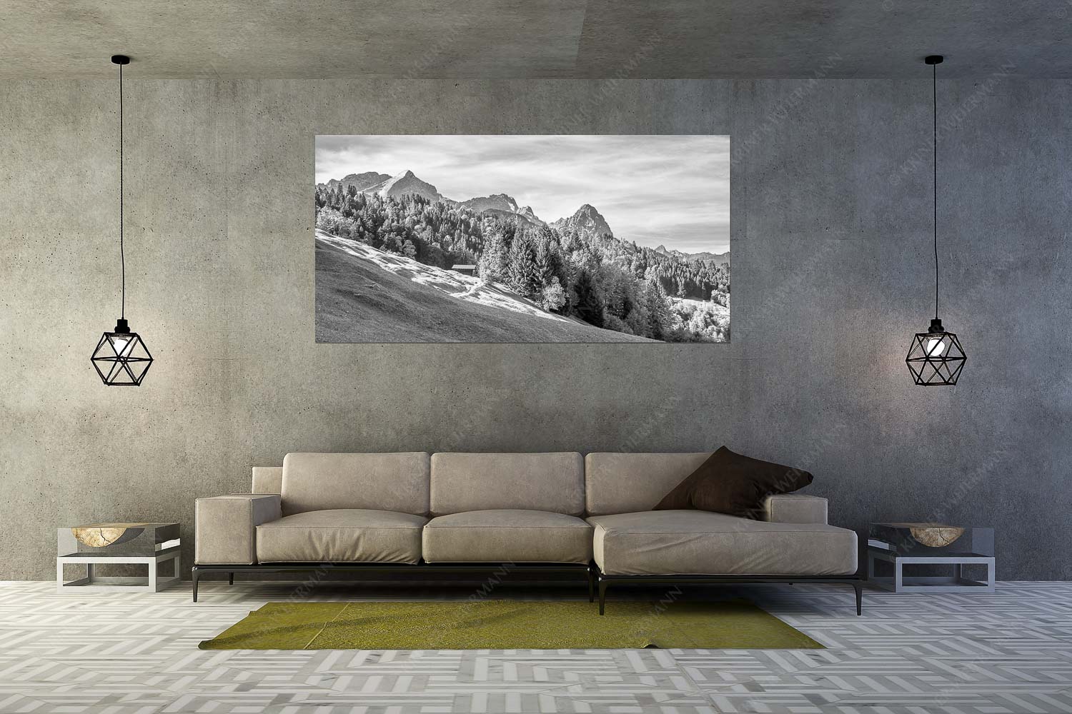 Herbstliches Zugspitzmassiv II – Größe ca. 200x100cm, Seitenverhältnis 2:1 — Buckelwiesen am Wamberg Ahorn mit Blick auf Alpspitz, Zugspitz und Waxenstein - Herbstliches Zugspitzmassiv II - Größe ca. 200x100cm, Seitenverhältnis 2:1 - Buckelwiesen am Wamberg - weitere Infos unter https://www.kriner-weiermann.de