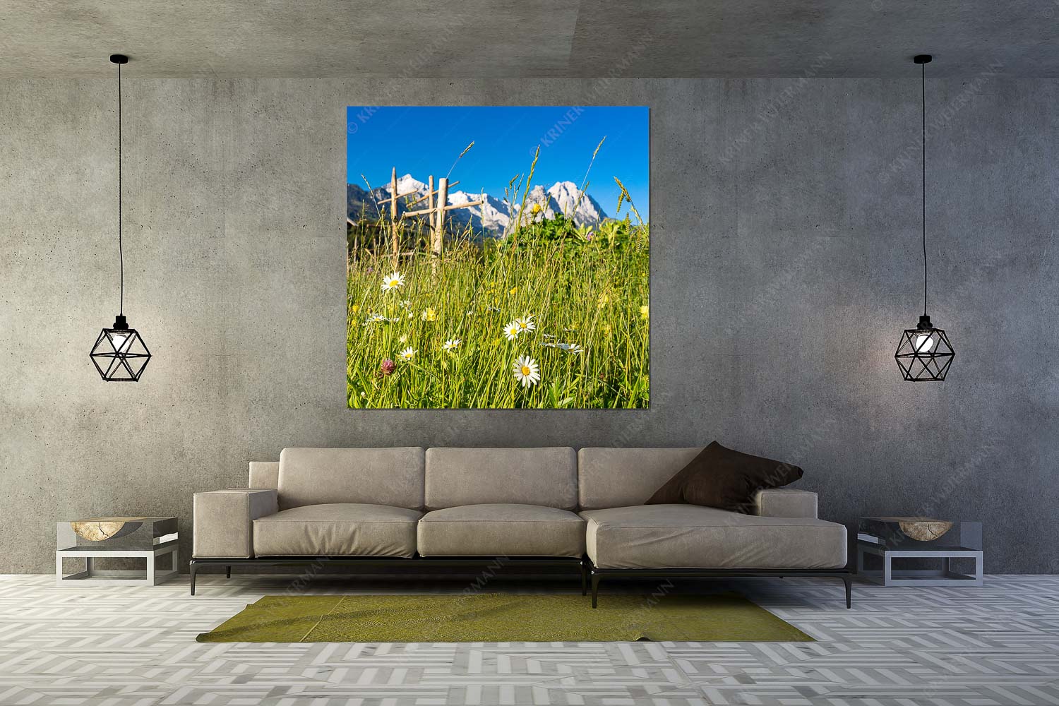 Wiesmahd in Garmisch-Partenkirchen mit Alpspitz und Waxenstein - Heuzeit - Größe ca. 160x160cm, Seitenverhältnis 1:1 - Blumenwiese Stanker und Alpspitze - weitere Infos unter https://www.kriner-weiermann.de