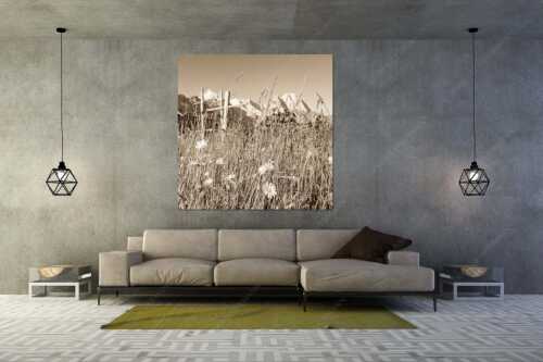 Wiesmahd in Garmisch-Partenkirchen mit Alpspitz und Waxenstein - Heuzeit - Größe ca. 160x160cm, Seitenverhältnis 1:1 - Blumenwiese Stanker und Alpspitze - weitere Infos unter https://www.kriner-weiermann.de