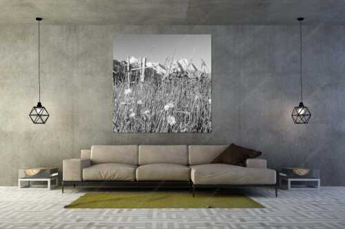 Wiesmahd in Garmisch-Partenkirchen mit Alpspitz und Waxenstein - Heuzeit - Größe ca. 160x160cm, Seitenverhältnis 1:1 - Blumenwiese Stanker und Alpspitze - weitere Infos unter https://www.kriner-weiermann.de