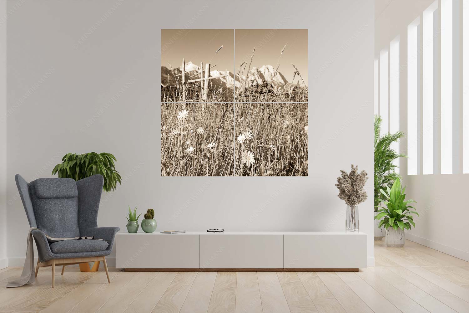 Heuzeit – 4er Split, Größe ca. 180x180cm, Seitenverhältnis 1: — Blumenwiese Stanker und Alpspitze Wiesmahd in Garmisch-Partenkirchen mit Alpspitz und Waxenstein - Heuzeit - 4er Split, Größe ca. 180x180cm, Seitenverhältnis 1: - Blumenwiese Stanker und Alpspitze - weitere Infos unter https://www.kriner-weiermann.de