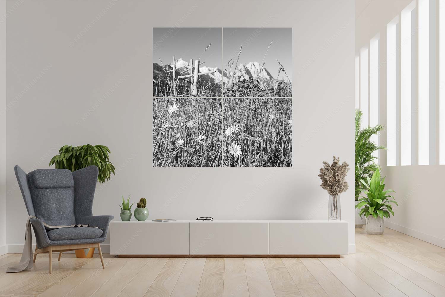 Heuzeit – 4er Split, Größe ca. 180x180cm, Seitenverhältnis 1: — Blumenwiese Stanker und Alpspitze Wiesmahd in Garmisch-Partenkirchen mit Alpspitz und Waxenstein - Heuzeit - 4er Split, Größe ca. 180x180cm, Seitenverhältnis 1: - Blumenwiese Stanker und Alpspitze - weitere Infos unter https://www.kriner-weiermann.de