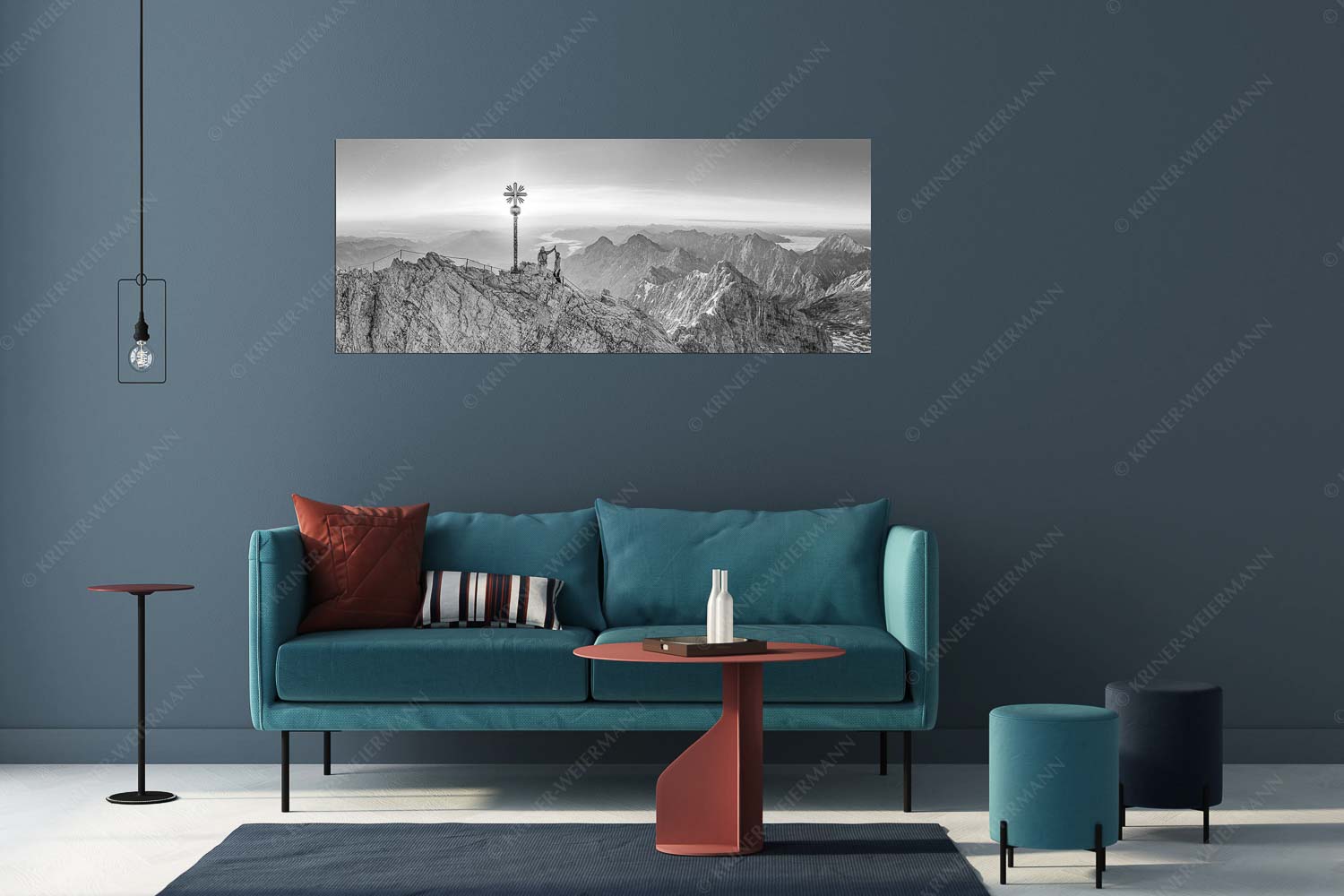 Gipfelerfolg auf der Zugspitze mit Blick über Jubiläumsgrat und Alpspitze in den Sonnenaufgang - high five - Größe ca. 175x70cm, Seitenverhältnis 2,5:1 - Bergsteiger auf der Zugspitze - weitere Infos unter https://www.kriner-weiermann.de