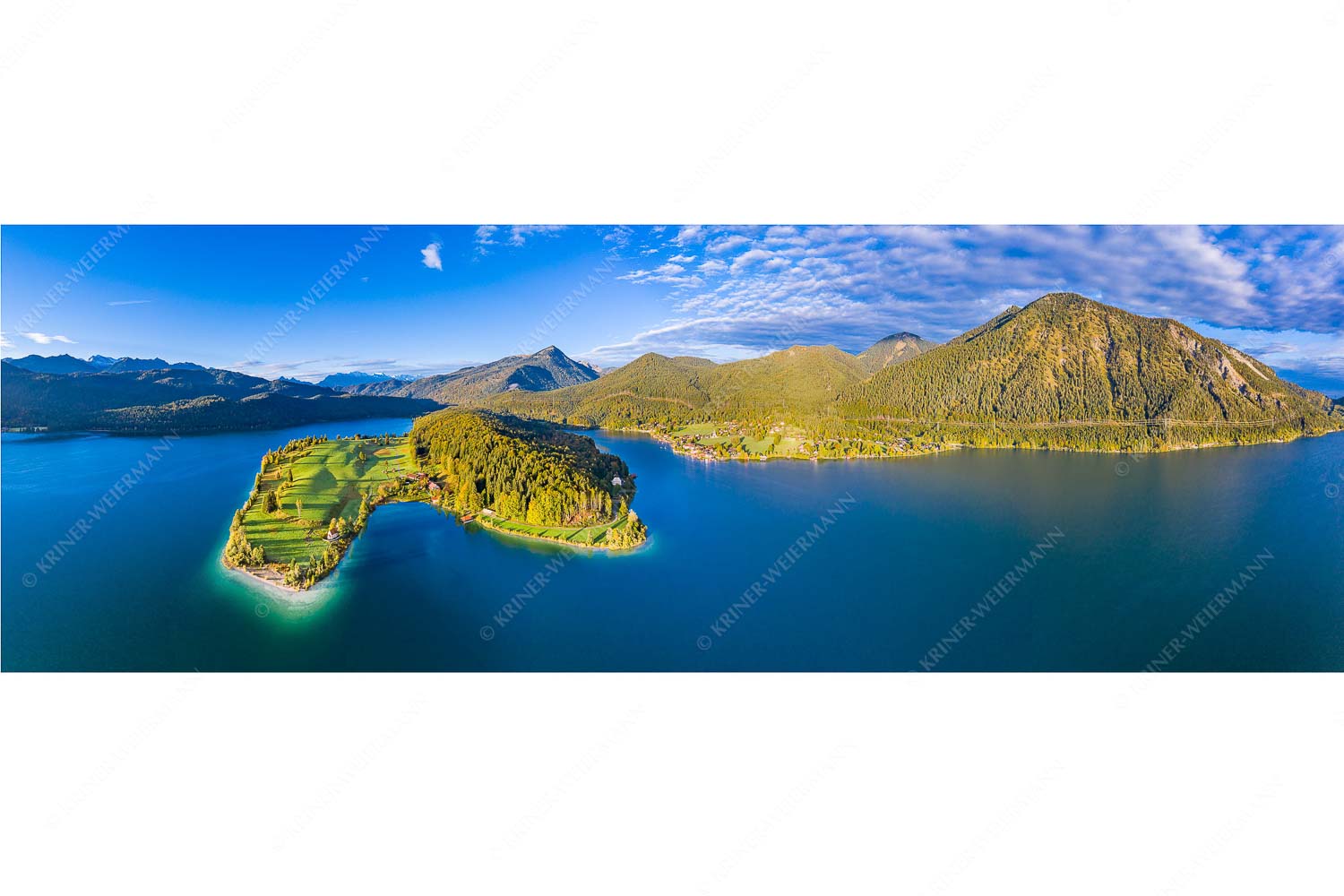 Himmelswiesn – Seitenverhältnis 3:1 — Halbinsel Zwergern am Walchensee mit Simetsberg Blick über die Halbinsel Zwergern am Walchensee zum Simetsberg und Wettersteingebirge