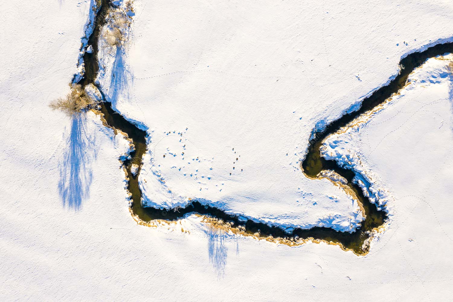 Hinum Herum – Seitenverhältnis 3:2 — Mäandern Winter Bach Draufsicht auf einen Bachlauf im Winter