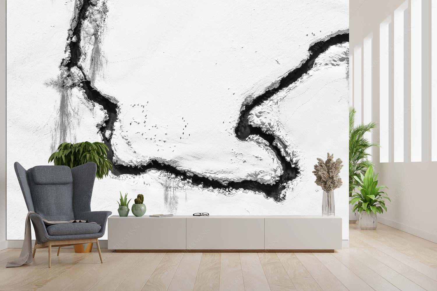 Hinum Herum – Größe ca. 300x200cm, Seitenverhältnis 3:2 — Mäandern Winter Bach Draufsicht auf einen Bachlauf im Winter - Hinum Herum - Größe ca. 300x200cm, Seitenverhältnis 3:2 - Mäandern Winter Bach - weitere Infos unter https://www.kriner-weiermann.de